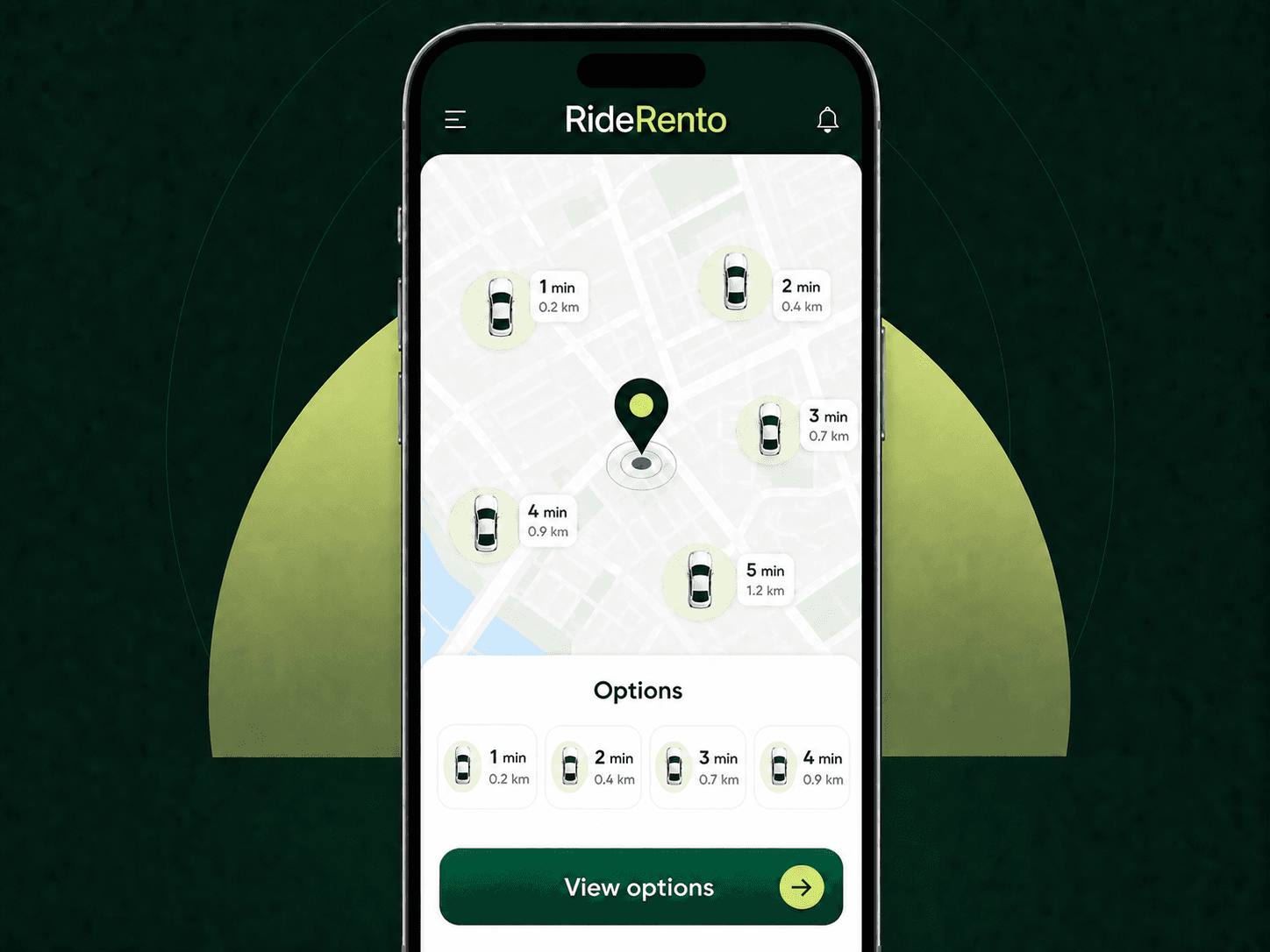 RideRento mobile map showing nearest eligible drivers as ride options