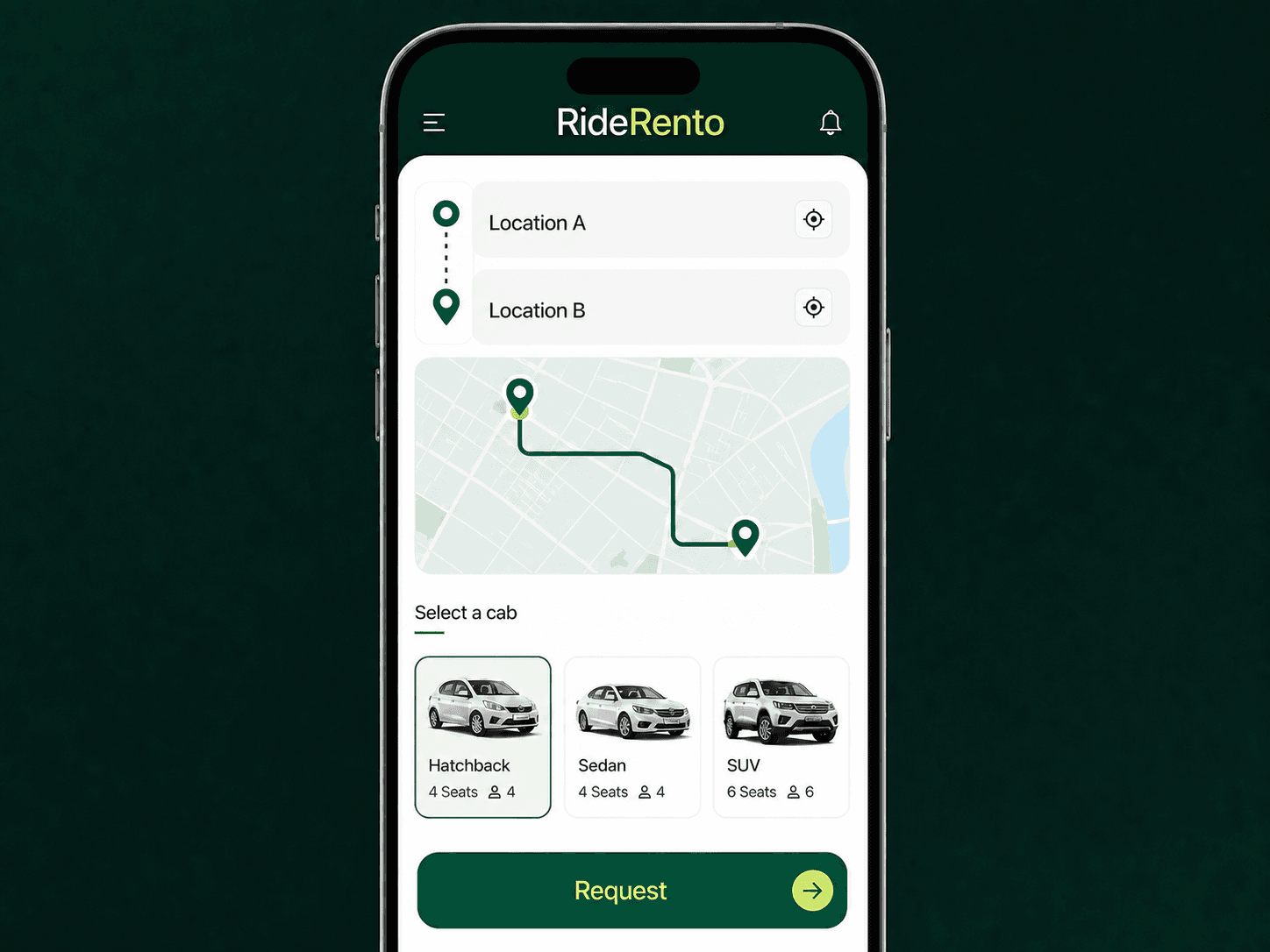 RideRento mobile interface for entering pickup, destination, and cab category